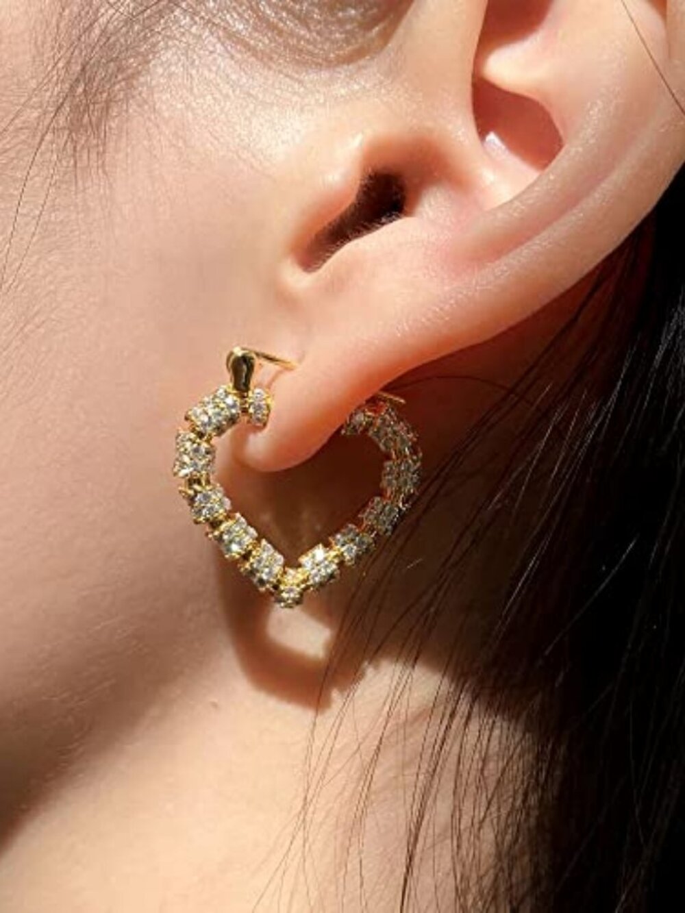 Heart Hoop Earrings Hypoallergenic 14K Gold Plated Bamboo Cubic Zirconia